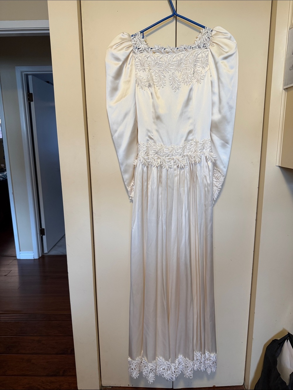 Vintage Ivory Long Sleeve Embroidered Satin Dress